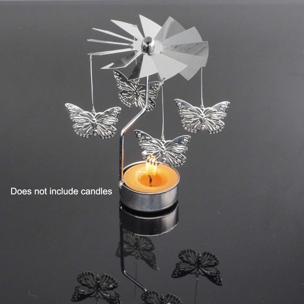 Beher Spinning Candle Holder, Silver Plated Laser Cut Winter Scene Design with Cedar Butterfly Owl Charms, Tea Light Candle Holder Home Decor