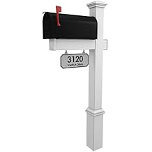 4Ever Products The Fitzgerald Mailbox with Post Included, Hanging Blank Address Plate, Black Metal Mailbox with White Vinyl Post Combo Complete System