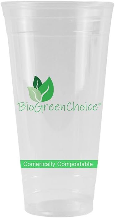 BioGreenChoice 20 oz Compostable Clear PLA Cold Cups Printed Bulk Case of 1000 CTBPI Certified Plant-Based Plastic Disposable Drinking Cups Cold