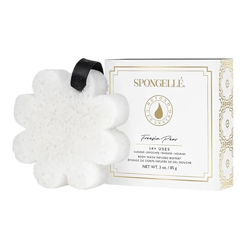 Spongelle Freesia Pear Wild Flower Bath Sponge with Box | Built-in Body Wash & Body Scrubber, Shower Loofah Sponge for Women | 14 uses