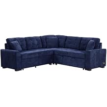 Navy Blue L-Shape Sofa Bed with Pull-Out Sleeper, USB Ports, Power Sockets, Corded Velveteen, 82.6"