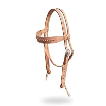 Western Leather Horse Headstall Natural Antique Tooling Double Stitched Adjustable Browband Headstall and Free Size Reins for Horses