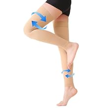 KEKING Thigh High Compression Stockings Footless, Unisex, 20-30mmHg Leg Support Compression Sleeves with Anti-Slip Silicone Band, Opaque, Treatment Swelling, Varicose Veins, Edema, DVT, Beige Large