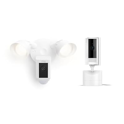 Ring Pan-Tilt Indoor Cam, White with Ring Floodlight Cam Wired Plus, White