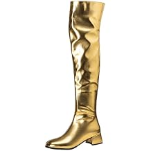 YIYA Women's Metallic Thigh High Boots Square Toe Chunky Block Flat Low Heels Fashion Side Zipper Over The Knee High Boots
