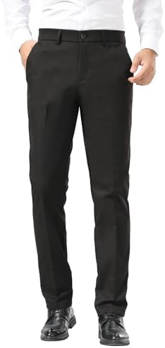Plaid&Plain Mens Slim Fit Dress Pants Stretch Khaki Pants Wrinkle Free