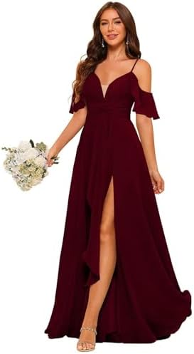 Ruffle Bridesmaid Dresses Cold Shoulder Formal Dresses for Women Chiffon Long Evening Dresses with Slit