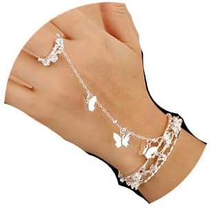 Butterfly Bracelet and Ring for Women - Hand Harness Chain Bracelet Butterfly Jewelry for Halloween Party (Silver)