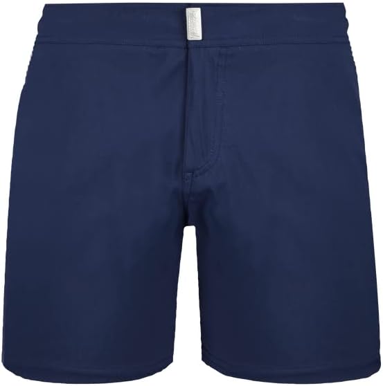 Men Flat Belt Stretch Swim Trunks Solid