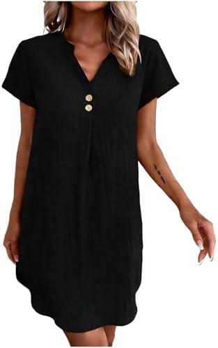 Beessbest Faux Linen Dresses for Women Cap Sleeve V Neck Sundress Beach Vacation Mini Dress Curved Hem Button Henley Dress