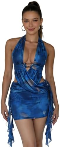 Womens Sexy Halter Tropical Printed Mini Dress Sleeveless A Line Bodycon Dress Backless Party Vacation Dresses