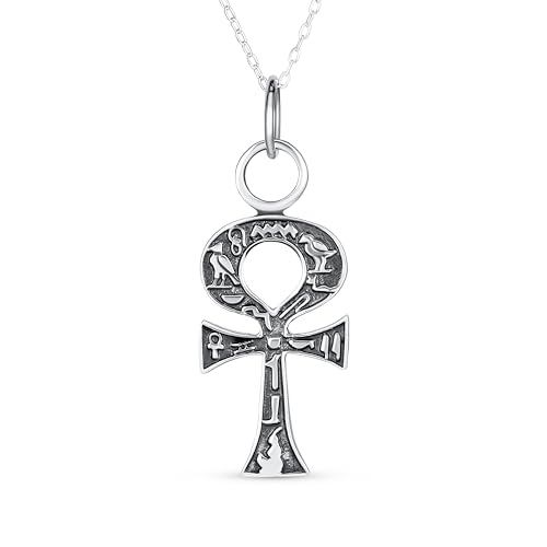 Bling Jewelry Unisex Religious Egyptian Hieroglyphs Key To Life Traditional Egyptian Ankh Cross Pendant Necklace For Women Men Oxidized .925 Sterling Silver