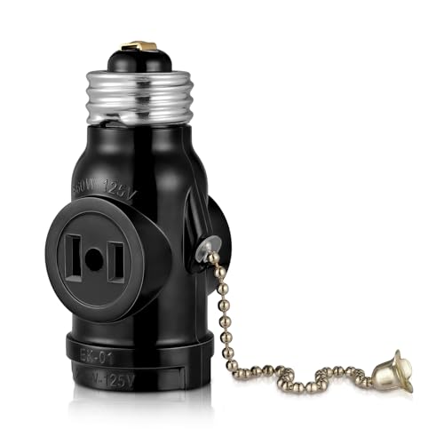 2 Outlet Light Socket Adapter,E26 Bulb Socket to Outlet Splitter,Converts Medium Screw Socket into a Socket with Two outlets,Polarized Outlet,with Pull Chain Switch. UL Listed, Black 1-Pack