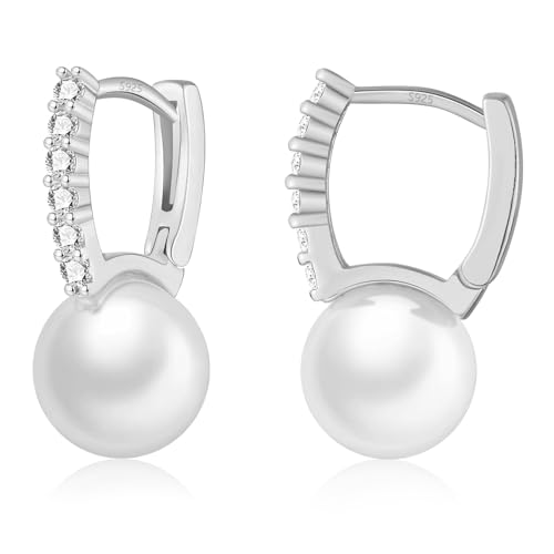 EPIRORA Sterling Silver Pearl Hoop Earrings for Women, Cubic Zirconia Huggie Earrings Jewelry Wedding Prom Birthday Gifts
