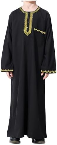 WSPLYSPJY Embroidered Muslim Thobe for Boys Solid Color Islamic Kaftans Button Down Gown with Pocket