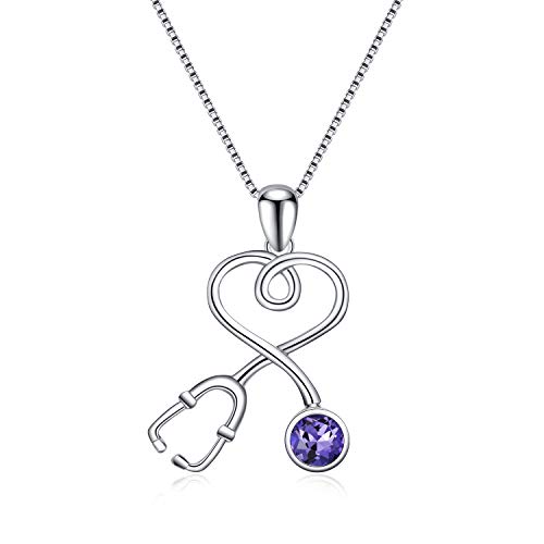 AOBOCO Stethoscope Necklace 925 Sterling Silver Embellished with 12 Months Birthstone Crystals from Austria, Graduation Gifts Medical Jewelry for Doctor Nurse Medical Student RN