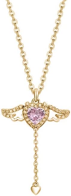 Pink Crystal Angel Wings Heart Pendant Necklace, 925 Sterling Silver Angel Wings Necklace with Swing Wings, Angel Necklaces for Women