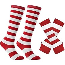 Red and White Blue Striped Crazy Socks Knee High with Long Gloves for Kids Girls Boys Costume Party Outfit Accessories