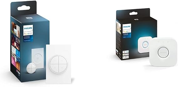 Philips Hue Wall Tap Dial Light Switch, Installation-Free, Smart Home, Exclusively for Philips Hue Smart Lights, White, 1-Pack & Hue Bridge Smart Lighting Hub - White