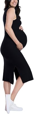 Motherhood Maternity Womens Sleeveless Crew Neck Rib Knit Midi Pregnancy Bodycon Dress
