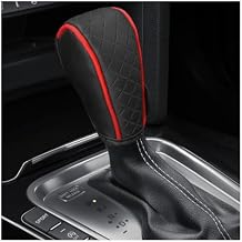 Leather Car Gear Shift Knob Cover, Anti-Slip Breathable Car Shifter Lever Cover, Automatic Shift Knob Handle Protector, Universal Auto Interior Decorative Accessory for Sedan, SUV (Black/Red)