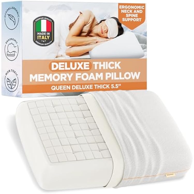 TechnoFoam Deluxe Thick Memory Foam Pillow - Gel-Infused Cooling Technology for Side & Back Sleepers, Ergonomic Neck & Spinal Alignment, Deluxe Queen Size 5.5 Thick