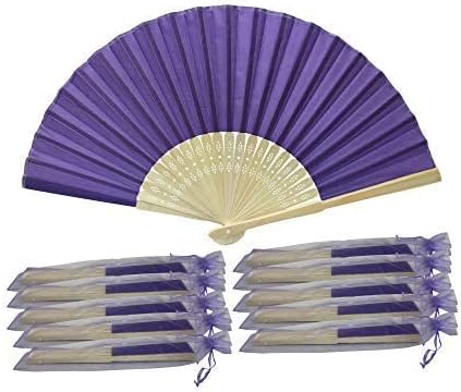 Royal Purple Pack of 10 Wholesale Silk Fabric Handheld Folding Fan with Grade A Bamboo Ribs for Women Girls Summer Party Event Favour Birthday Wedding Best Gift