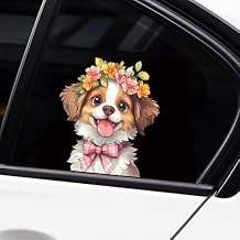 Cute Animal Dog Car Sticker Waterproof PVC Double-Sided Printed Puppy Car Decal Funny Dog Peeking Decal for Car Window Bumper Truck Wall Laptop Car Decor (Flower Dog)