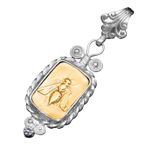 925 Sterling Silver Pendant Bumble Bee Cubic Zirconia Ephesus Honey Bee Signet Necklace Womens Pendant Featuring The Sacred Honey Bee Gift For Her Turkish Fine Jewelry Greek Coin Designer