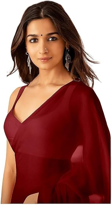Women's Plain Pure Georgette Saree With Unstitched Blouse Piece Perfect for Weddings, Parties, and Special Occasions, (Rocky Aur Rani Ki Prem Kahani Alia Bhatt Saree)