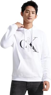 Calvin Klein Mens Mixed logo Monogram Pullover Hoodie - 40QC403 Brilliant White, XL