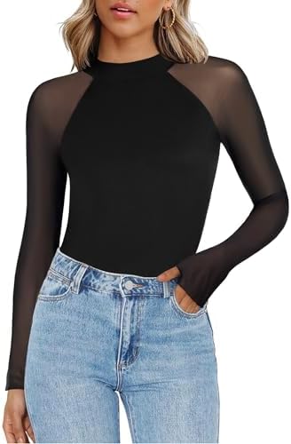 Zeagoo Long Sleeve Shirts for Women Floral Mesh Sheer Top Mock Neck Double Lined Fitted Going Out Blouses