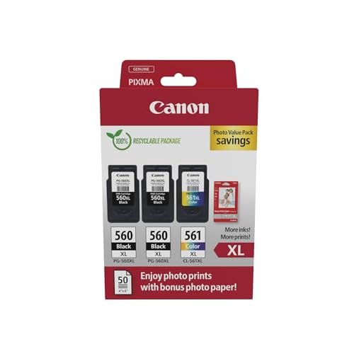 Canon PG-560XL x 2  CL-561XL High Yield Genuine Ink Cartridges, Pack of 3 2 x Black, 1 x Colour; Includes 50 Sheets of 4x6 Photo Paper - Cardboard Multipack