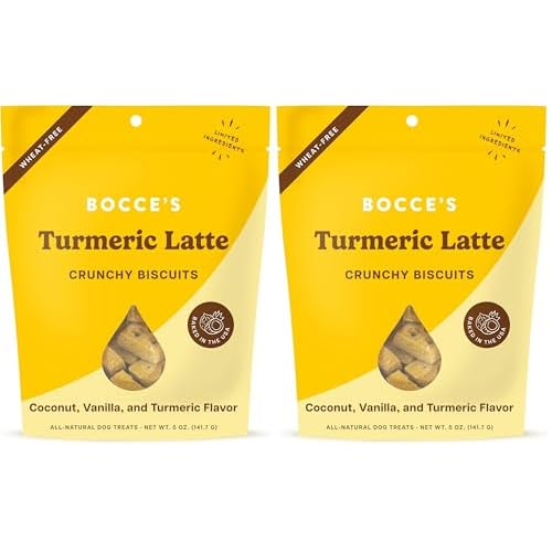 Bocces Bakery Oven Baked Turmeric Latte Treats for Dogs, Wheat-Free Everyday Dog Treats, Made with Real Ingredients, Baked in The USA, All-Natural Biscuits, Coconut, Vanilla, Turmeric, 5 oz