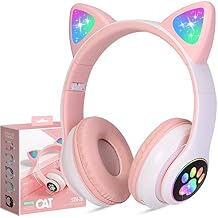 TCJJ Bluetooth 6.0 Cat Ear Kids Headphones for Girls, LED Light Up, 85dB Safe Volume Limit, Stereo Sound Toddler Foldable Wireless & 3.5mm Wired Headset with Mic for School, Tablet, Travel