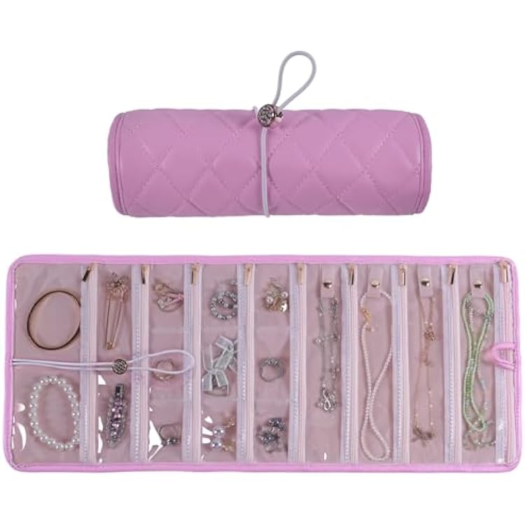 Travel Jewelry Organizer Roll with Zippered Pockets,Hangable | PU Leather,Tangle-Free Portable Jewelry Storage Bag for Women | Holder for Necklaces, Earrings, Rings, Bracelets Pink