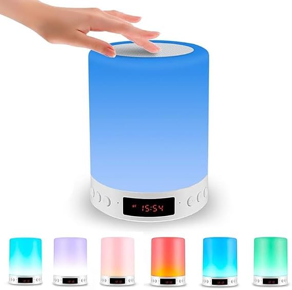 Bluetooth Speaker Night Light, Touch Bedside Lamp Alarm Clock for Kids, 6-Color Bedroom Table Lamp