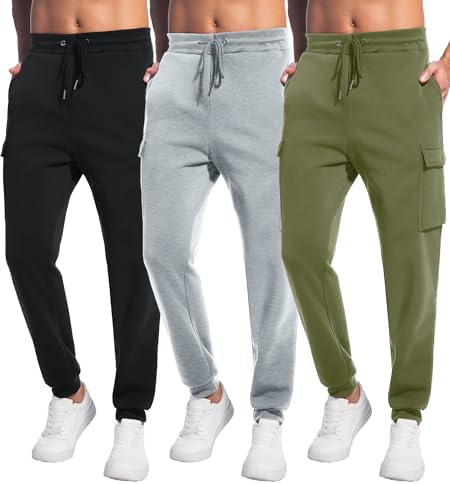 Mens Joggers with Pockets, 3 Pack Fleece Casual Sweatpants for Men Athletic Pants with Drawstring