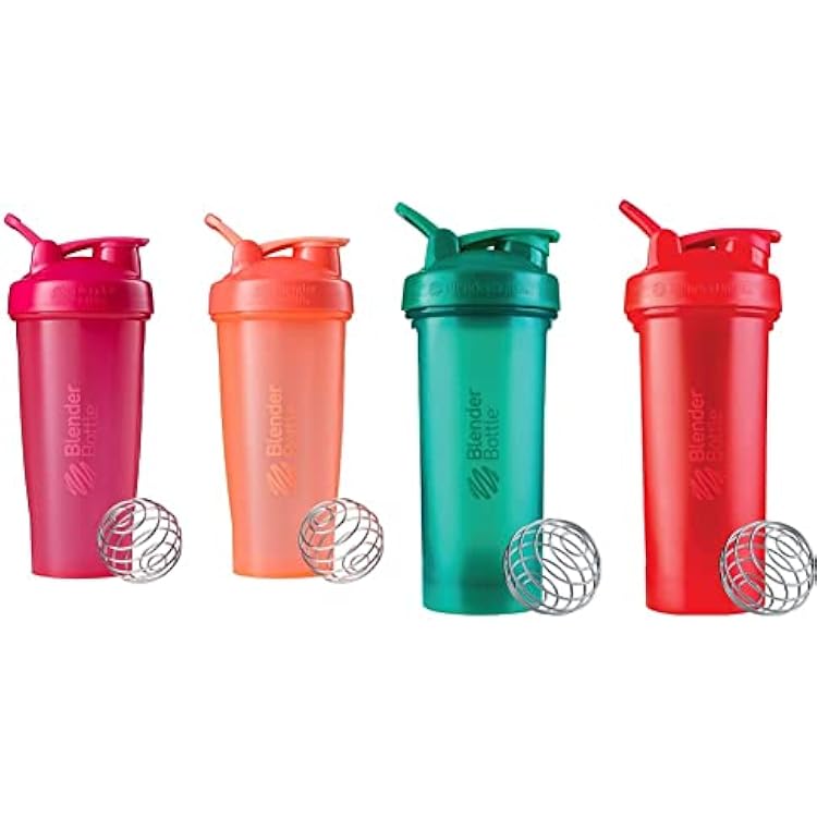 BlenderBottle Classic Shaker Bottle, 28-Ounce 2 Pack, All Pink and Coral & Classic V2 Shaker Bottle, 28-Ounce 2 Pack, Red, Green