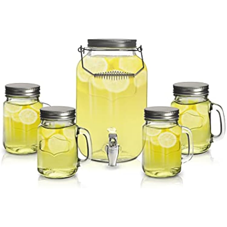 Mason Jar Glass Beverage Dispenser with Jar Mugs and Lids, 5 pcs Set
