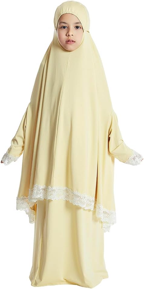 FYMNSI Muslim Clothes for Girl Kids Abaya Dress Full Cover Lace Hijab Dress Islamic Kaftan Khimar Skirt Set Prayer Dress 2PCS