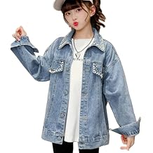 Rolanko Girls Denim Jackets, Basic Oversized Jean Jacket for Girls Fall Outwear Button Down Trucker Jacket 5-14 Years
