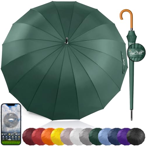 Royal Walk Large Windproof Umbrella for 2 People, 54 Inch, Dark Green, Auto Open, Wooden Handle, 16 Ribs, Travel Size