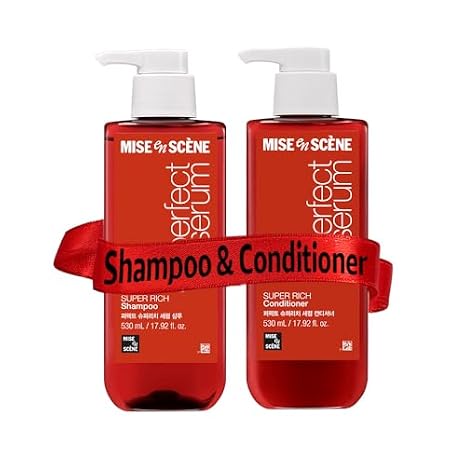 Mise En Scene Perfect Serum Super Rich Shampoo and Conditioner SET - Korean Shampoo for Severely Damaged Hair | Anti-Frizz, Hydrating, Nourishing | Korean Hair Care with Moroccan Oil, Jojoba Seed