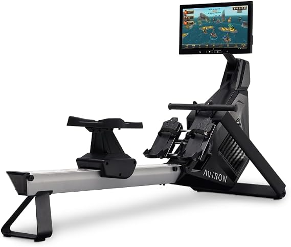 Aviron Strong Series Rower: 22" HD Touchscreen, Dual Air & Magnetic Resistance up to 100 lbs. Game-Based Workouts, Streaming, Compact Design, Black