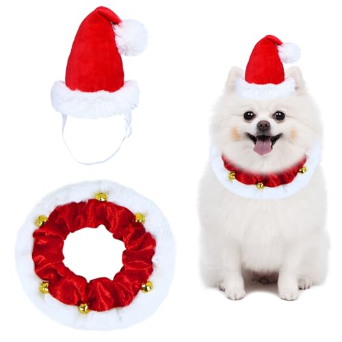Dog Christmas Outfit, Dog Santa Hat Christmas Collar with Bells Ornaments Holiday Outfit Costume Clothes for Small Medium Large Dogs Pets Small