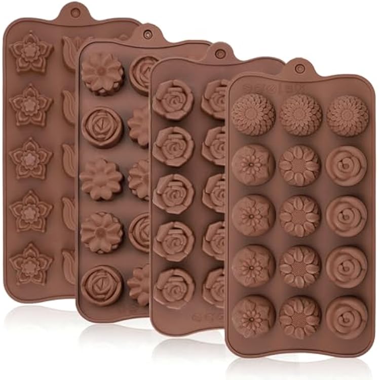 JOERSH 4PCS Silicone Chocolate Flower Molds for Candy, Fat Bombs Snacks, Truffles, 11 Floral Shapes 60 Cavities Candle Soap Wax Melts Mold Rose, Sunflower, Tulip, Coreopsis