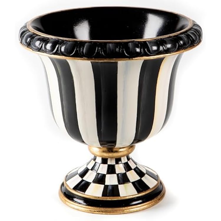 MACKENZIE-CHILDS Pedestal Tabletop Urn, Decorative Centerpiece for Table, Mantel, or Shelf, Small, Black-and-White Courtly Stripe