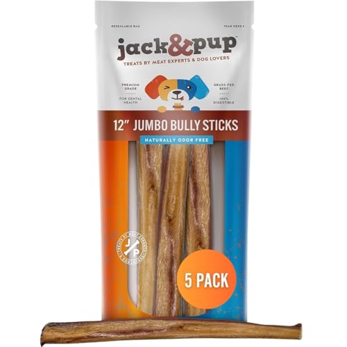 Jack&Pup 12 Inch Jumbo Bully Sticks for Dogs 5 Pack Single Ingredient Dog Bully Sticks for Large Dogs and Aggressive Chewers