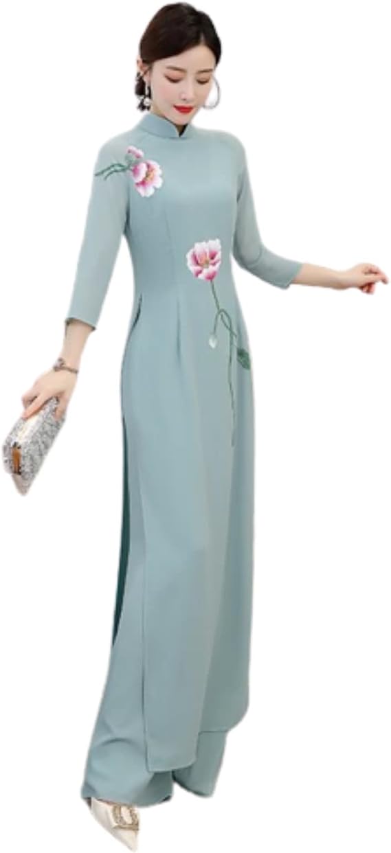 Chinese Style Two Piece Set Women Long Tops Pant Suits Pink White Slim Casual Vintage Harajuku Ao Dai Vietnam Printed (Aqua Blue,3XL)